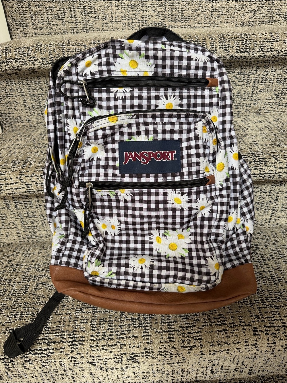 Jansport Black & White Gingham Daisy Backpack with Brown Base